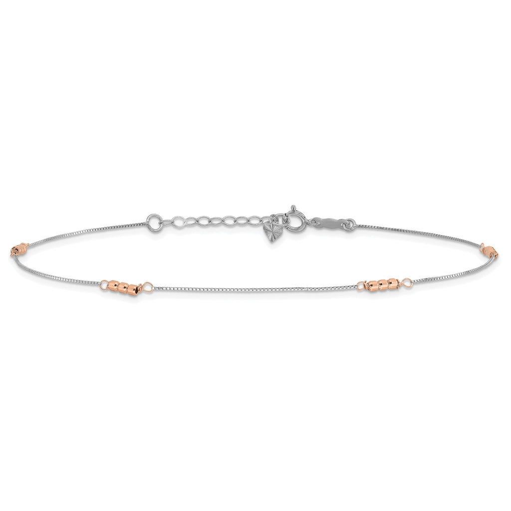 14K Two-Tone Mirror Beaded 4-Station 9 inch Plus 1 inch Extender - Total 10 inch Anklet