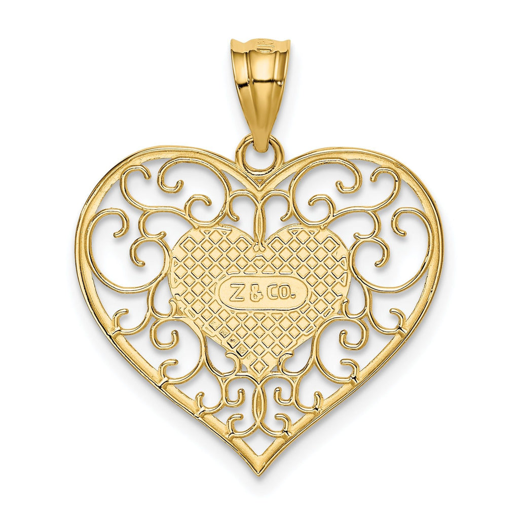 14K Gold Polished Filigree Heart Pendant with Textured Back
