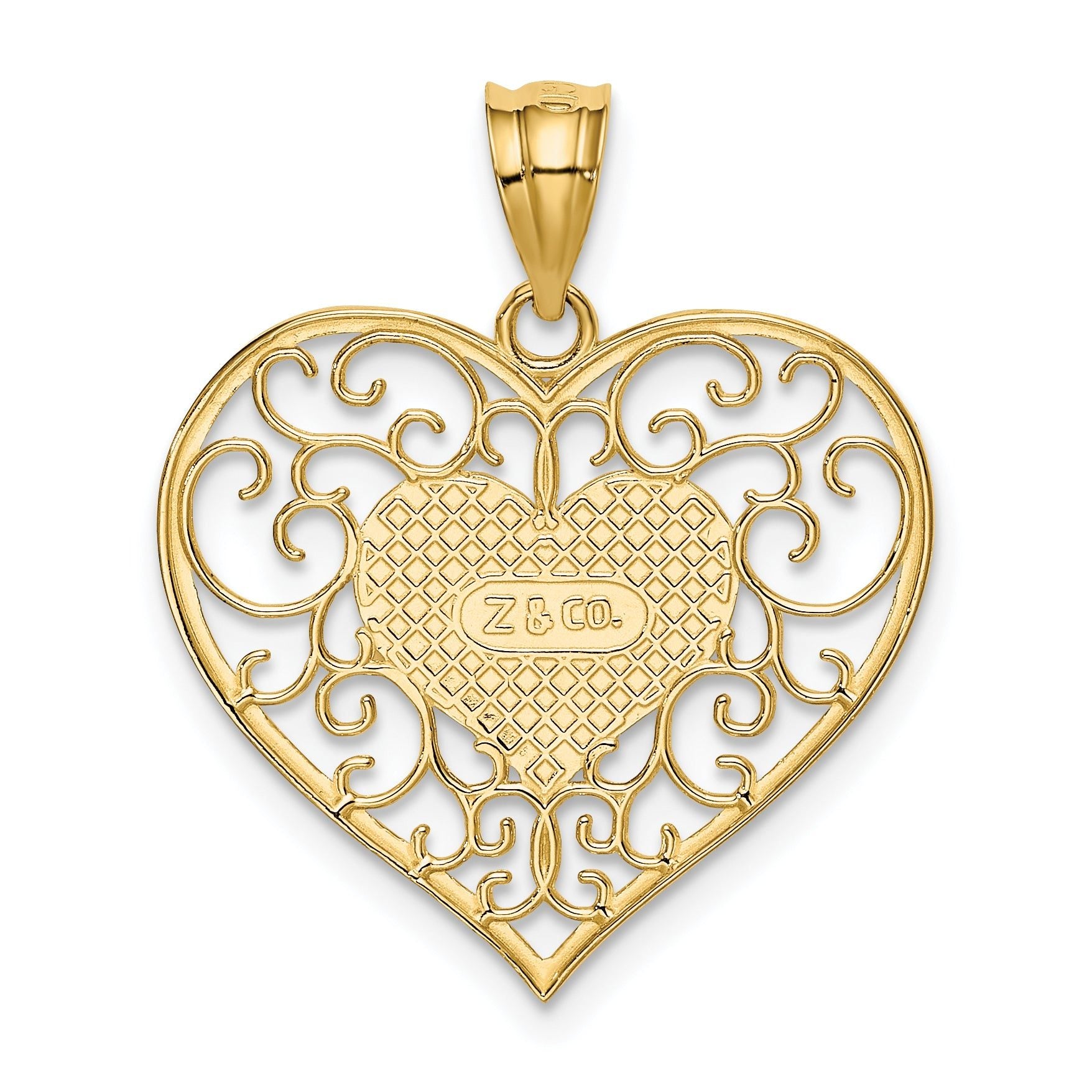 14K Gold Polished Filigree Heart Pendant with Textured Back