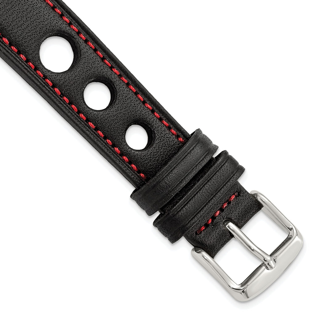 Grand Prix Leather Watch Band in Black with Red Stitching, 20mm