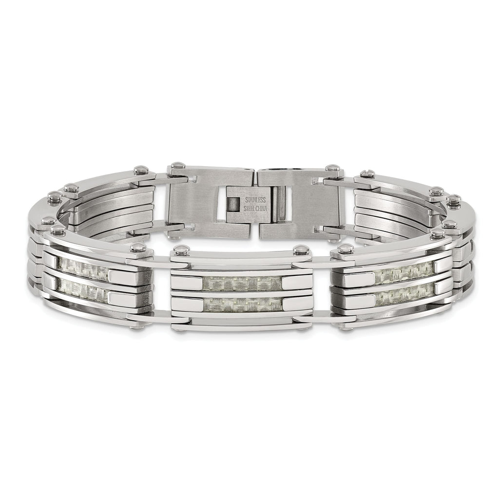 Stainless Steel Polished with Grey Carbon Fiber Inlay Link Bracelet for Men