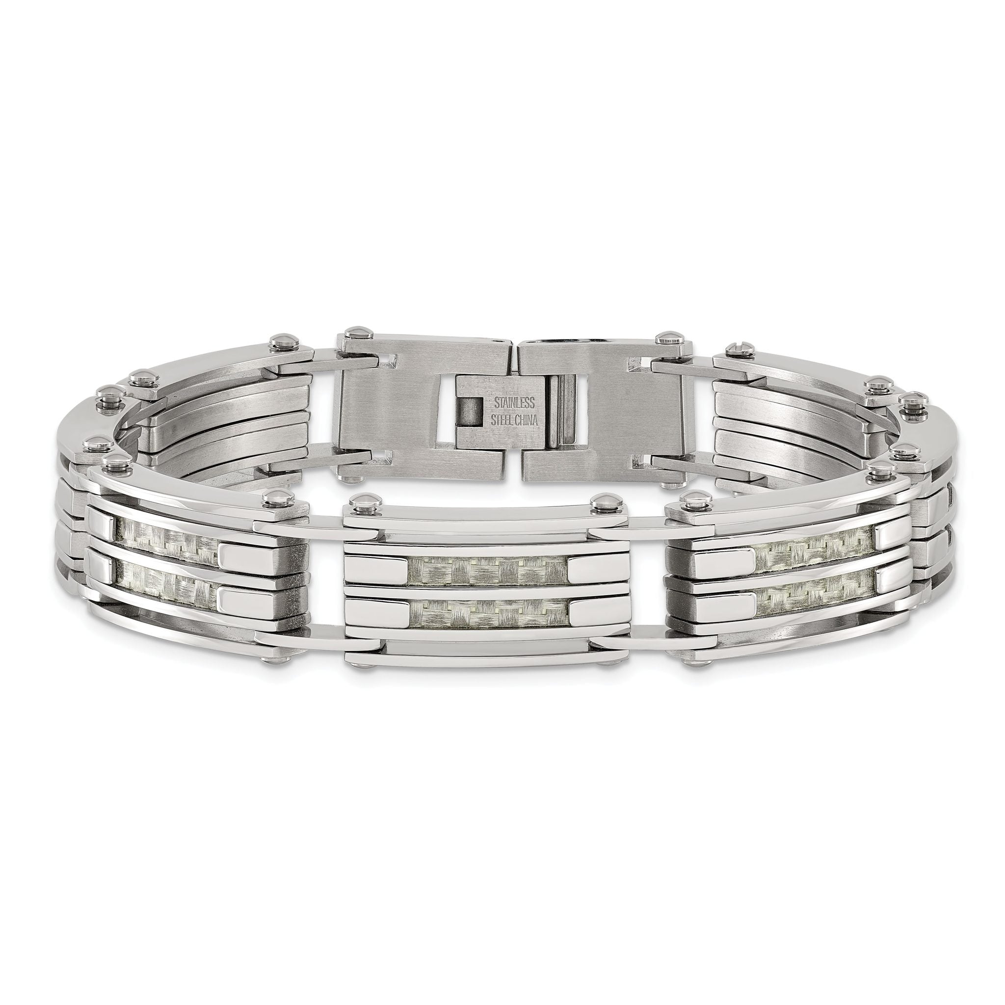Stainless Steel Polished with Grey Carbon Fiber Inlay Link Bracelet for Men