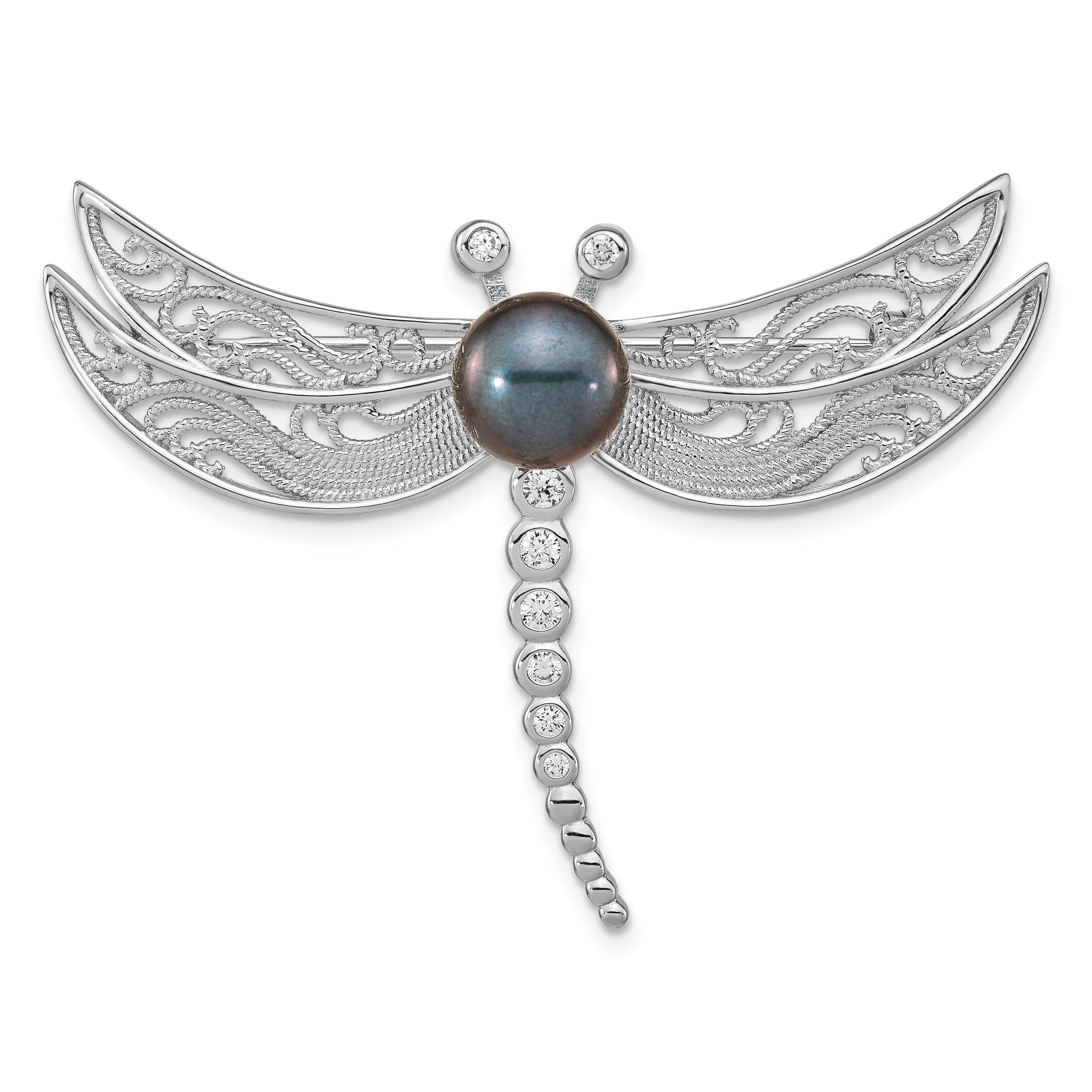 Sterling Silver Rhodium-plated 8-9mm Black Button Freshwater Cultured Pearl and CZ Dragonfly Brooch Main image