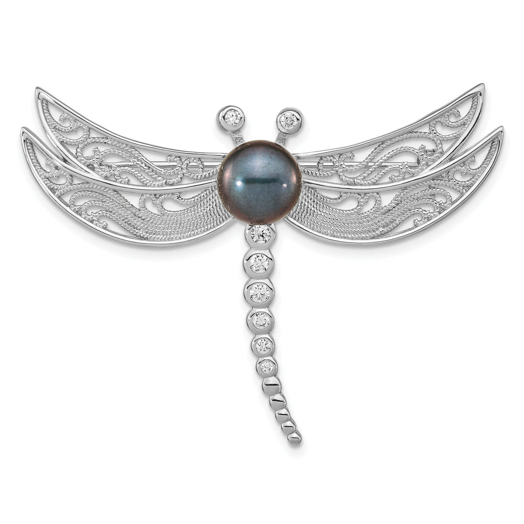 Sterling Silver Rhodium-plated 8-9mm Black Button Freshwater Cultured Pearl and CZ Dragonfly Brooch