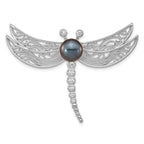 Sterling Silver Rhodium-plated 8-9mm Black Button Freshwater Cultured Pearl and CZ Dragonfly Brooch