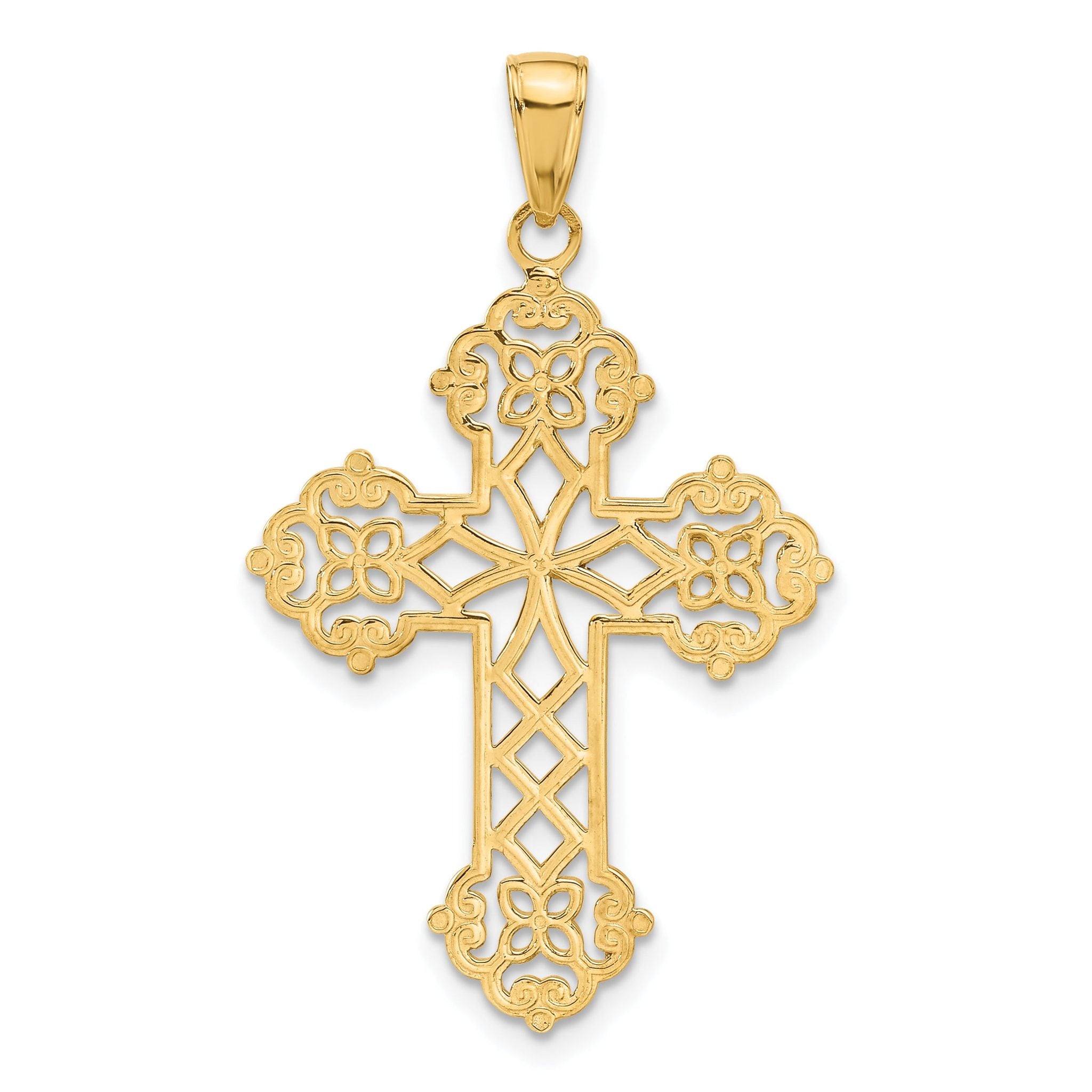 14K Gold Lacey Budded Cross Pendant  Elegant Casted Design