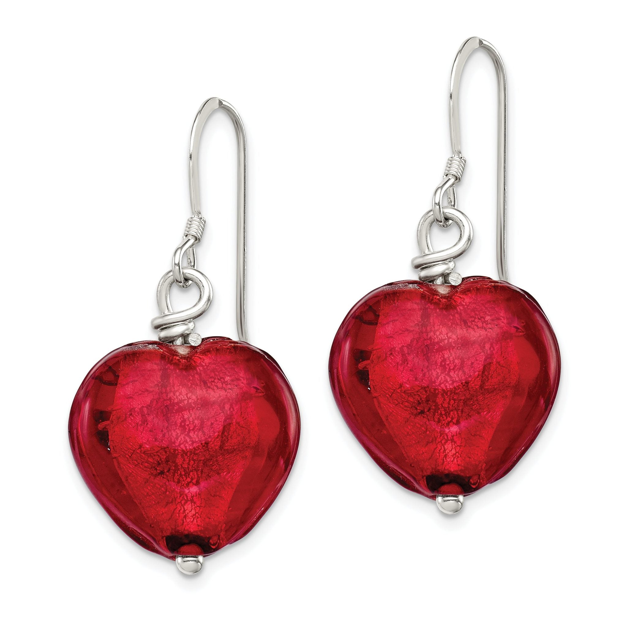 Sterling Silver Red Murano Glass Heart Dangle Earrings Secondary image