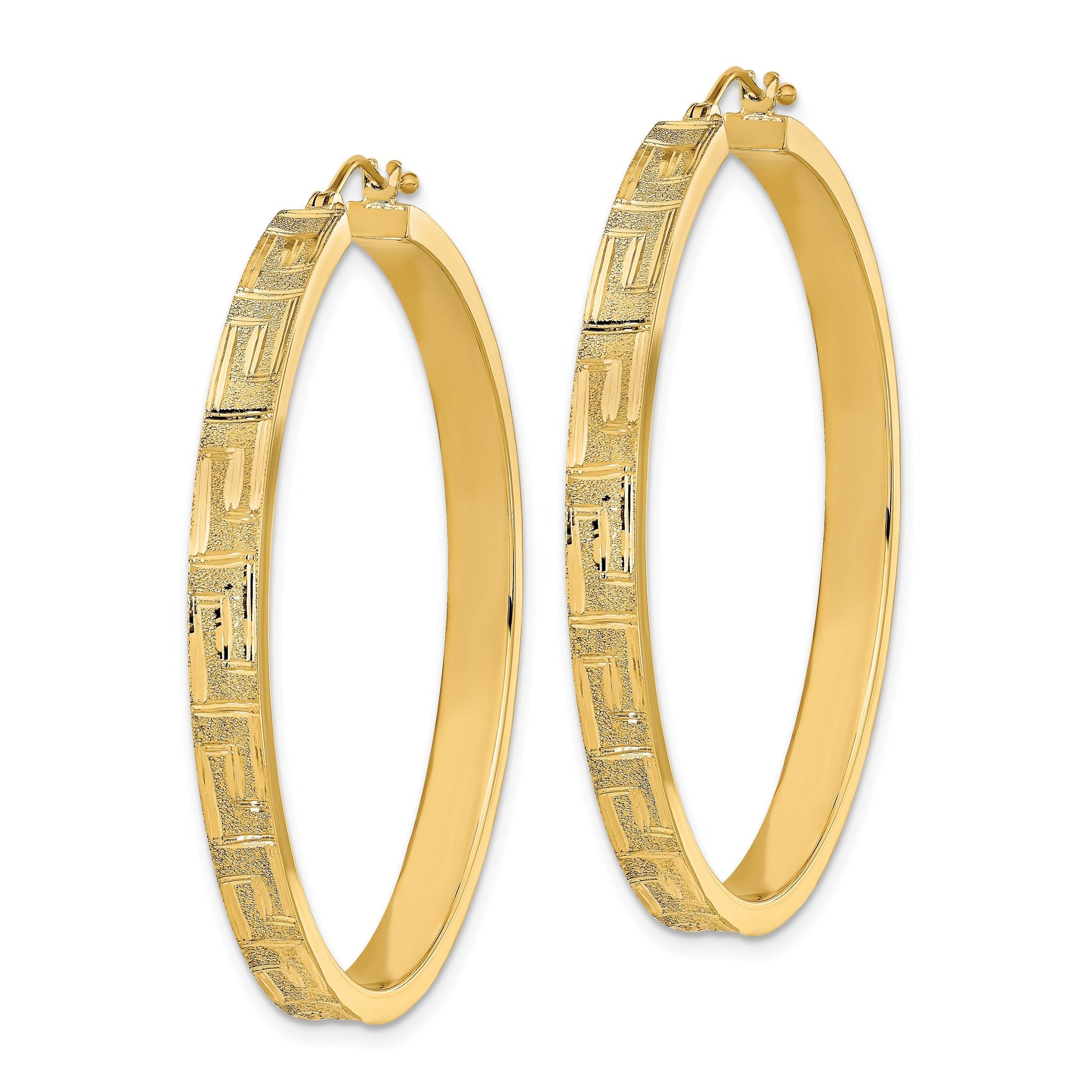 14K Polished and Satin Greek Pattern Hoop Earrings Secondary image