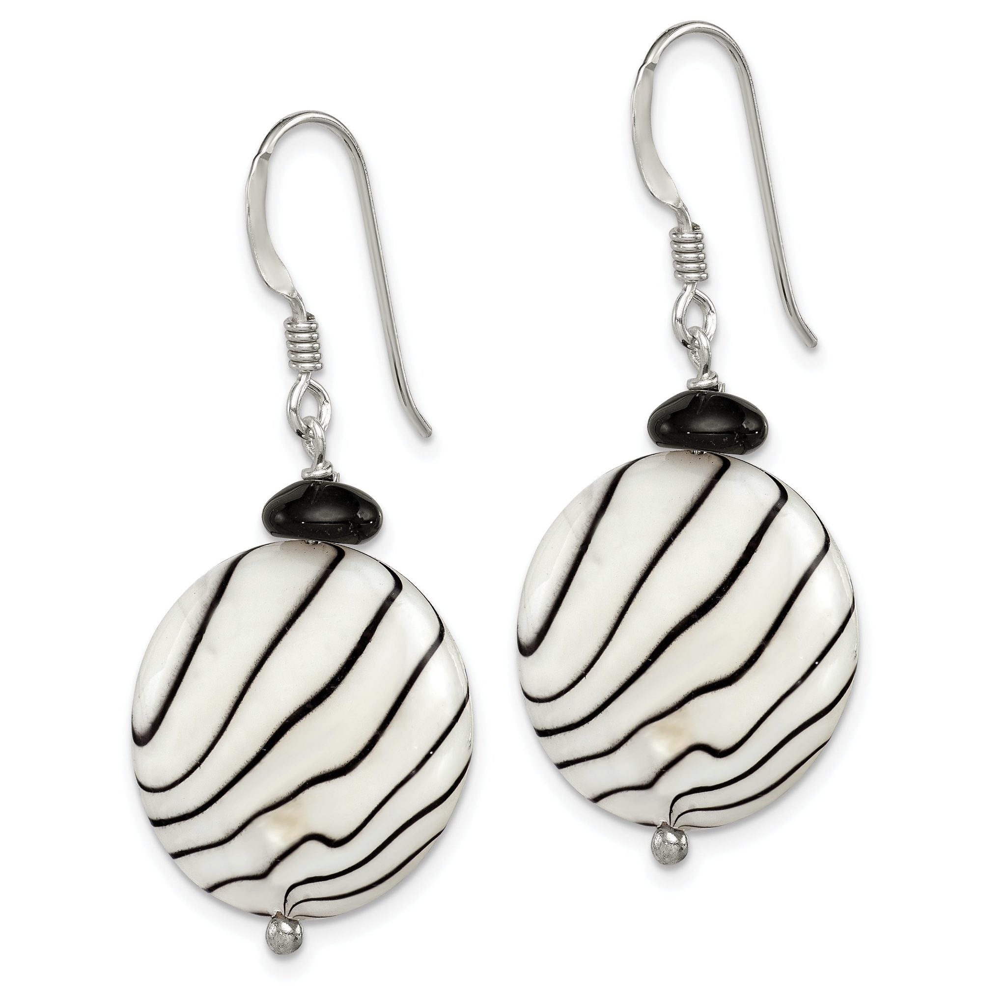 Sterling Silver Polished Black Agate/Zebra Mother of Pearl Dangle Earrings Secondary image