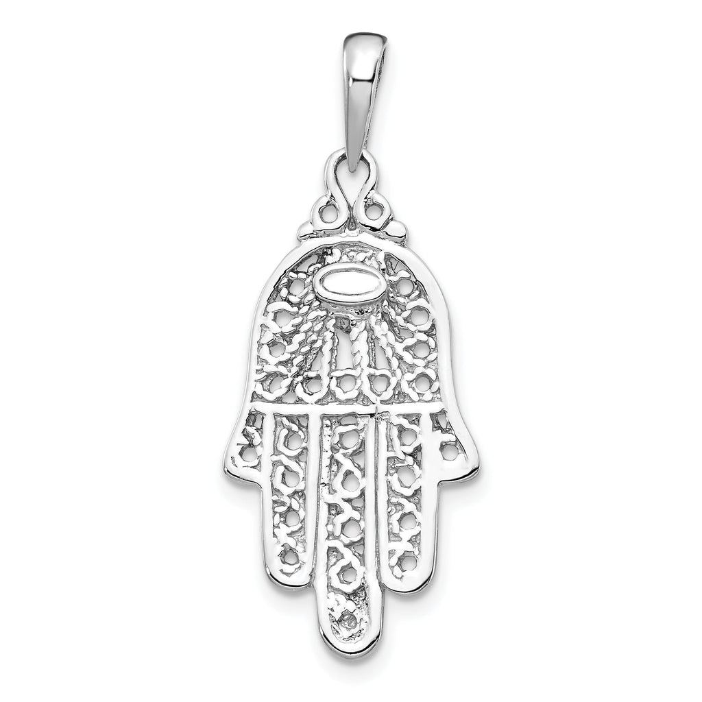 14K White Gold Turquoise Filigree Chamseh Pendant with Rhodium Finish