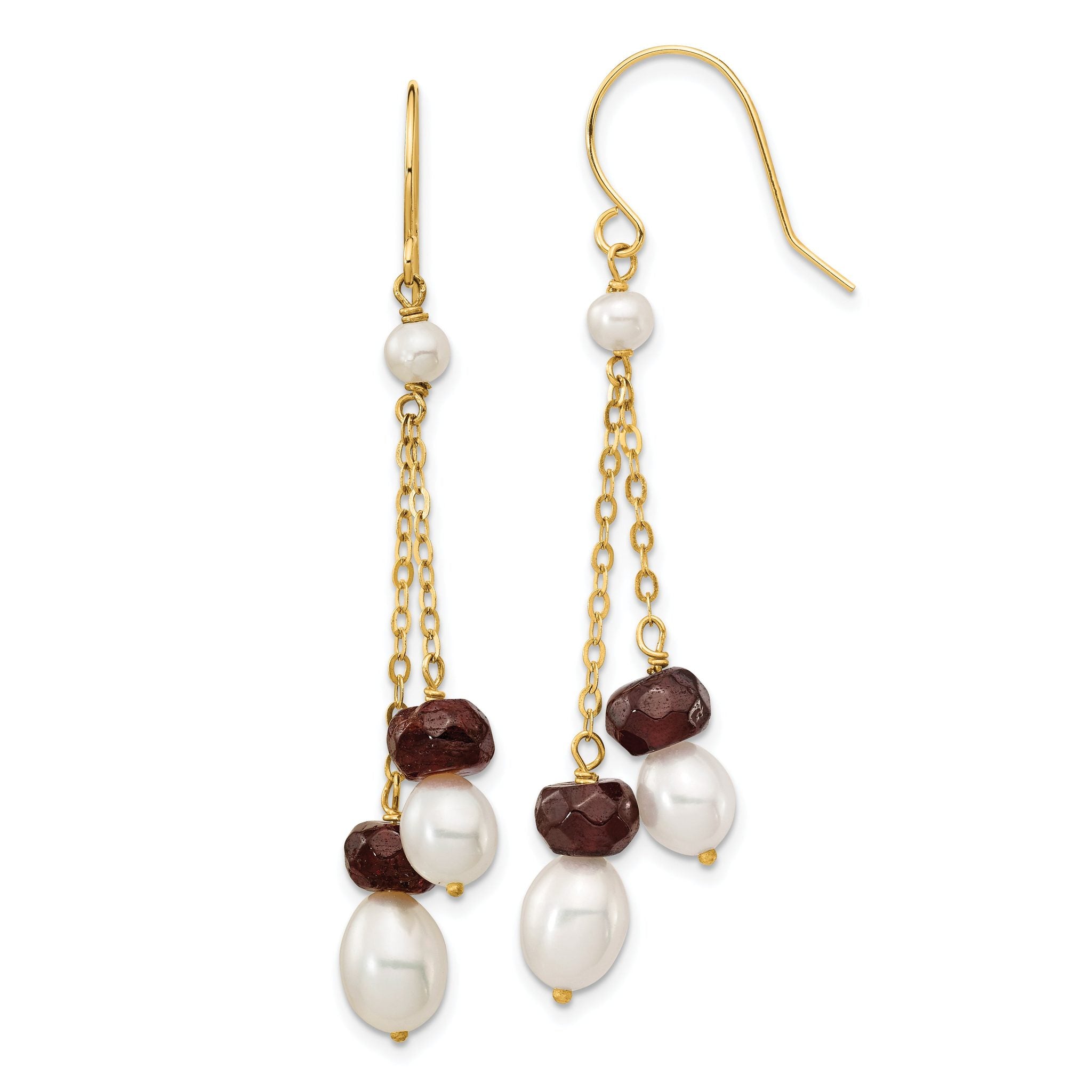 14K White Freshwater Cultured Pearl Garnet Double Chain Dangle Earrings Main image