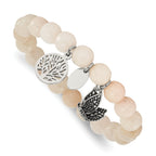 Stainless Steel Antiqued and Polished Butterfly and Tree of Life 8mm White Jade Beaded Stretch Bracelet for Women