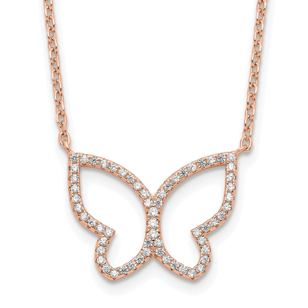 Sterling Silver Rose-tone Polished Open Butterfly CZ w/2 in ext. Necklace