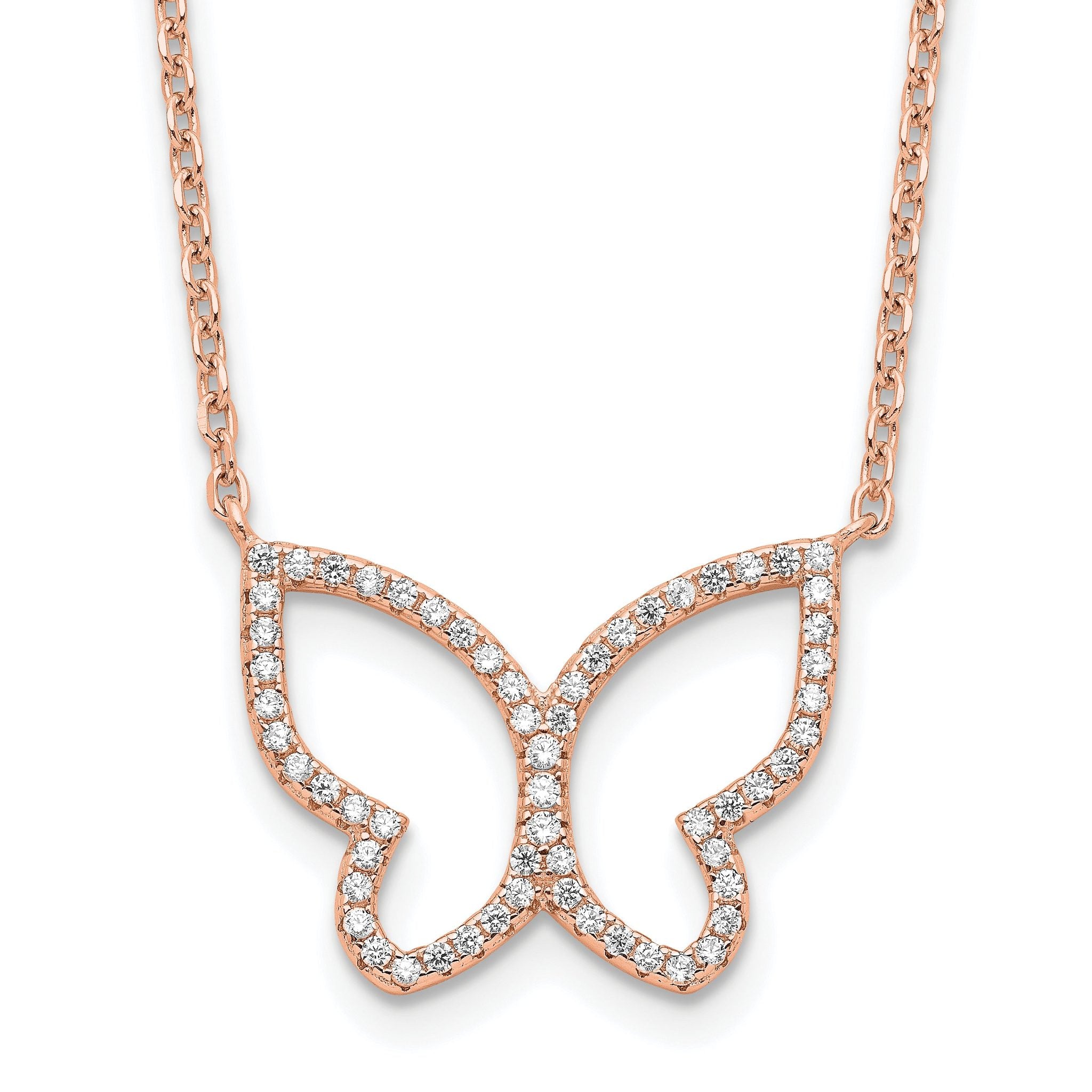 Sterling Silver Rose-tone Polished Open Butterfly CZ w/2 in ext. Necklace