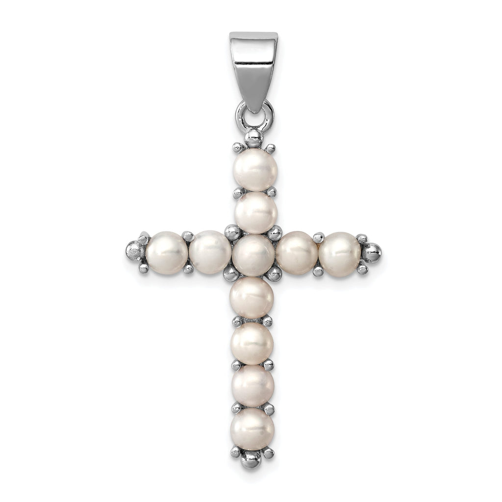 Sterling Silver Rhodium-Plated Pearl Cross Pendant Elegant & Polished