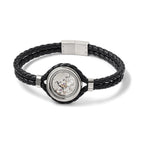 Stainless Steel Brushed and Polished Yellow IP-palted with Cubic Zirconia Black Braided Leather Bracelet for Men
