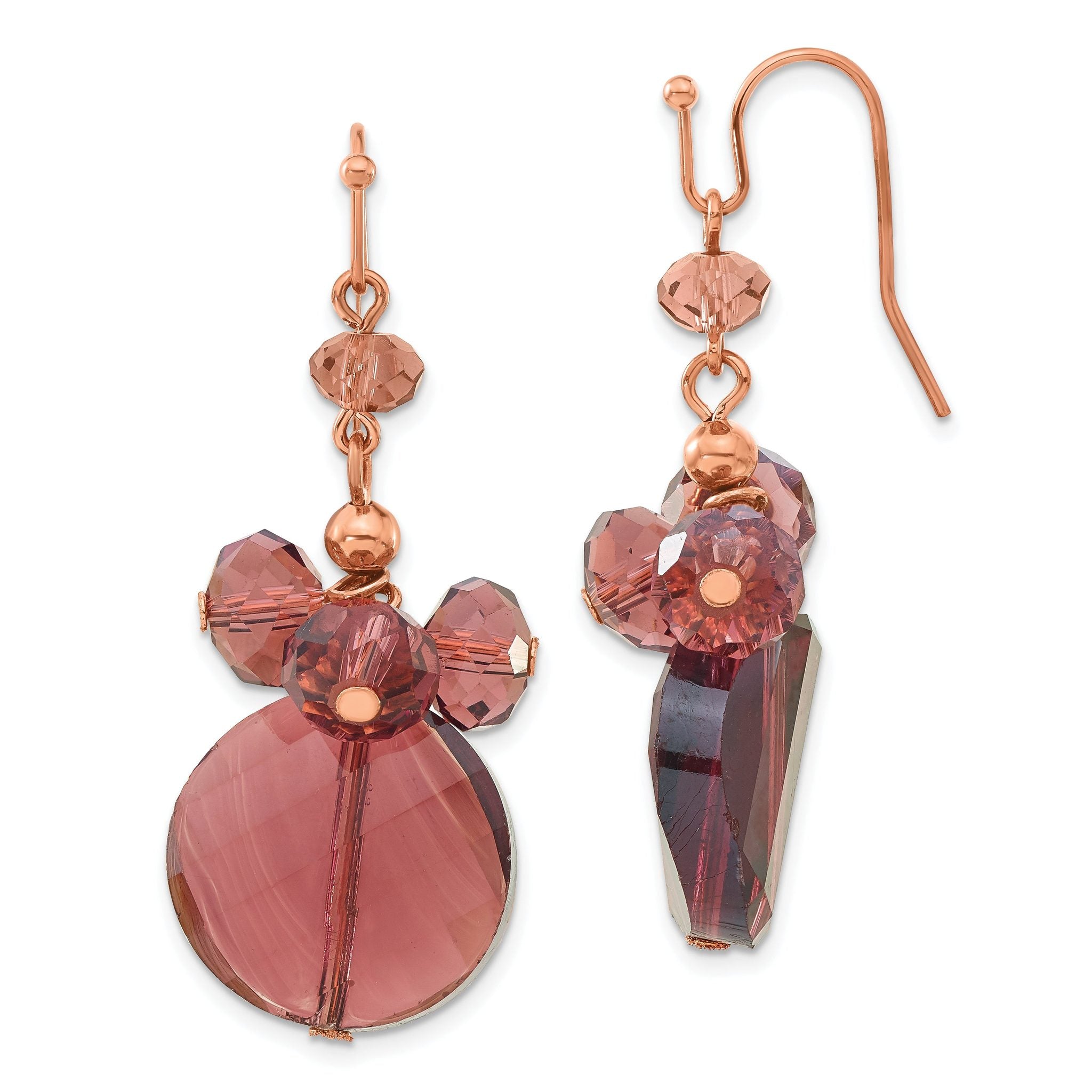 Purple Glass Bead Cluster Dangle Earrings in Rose-Tone Main image