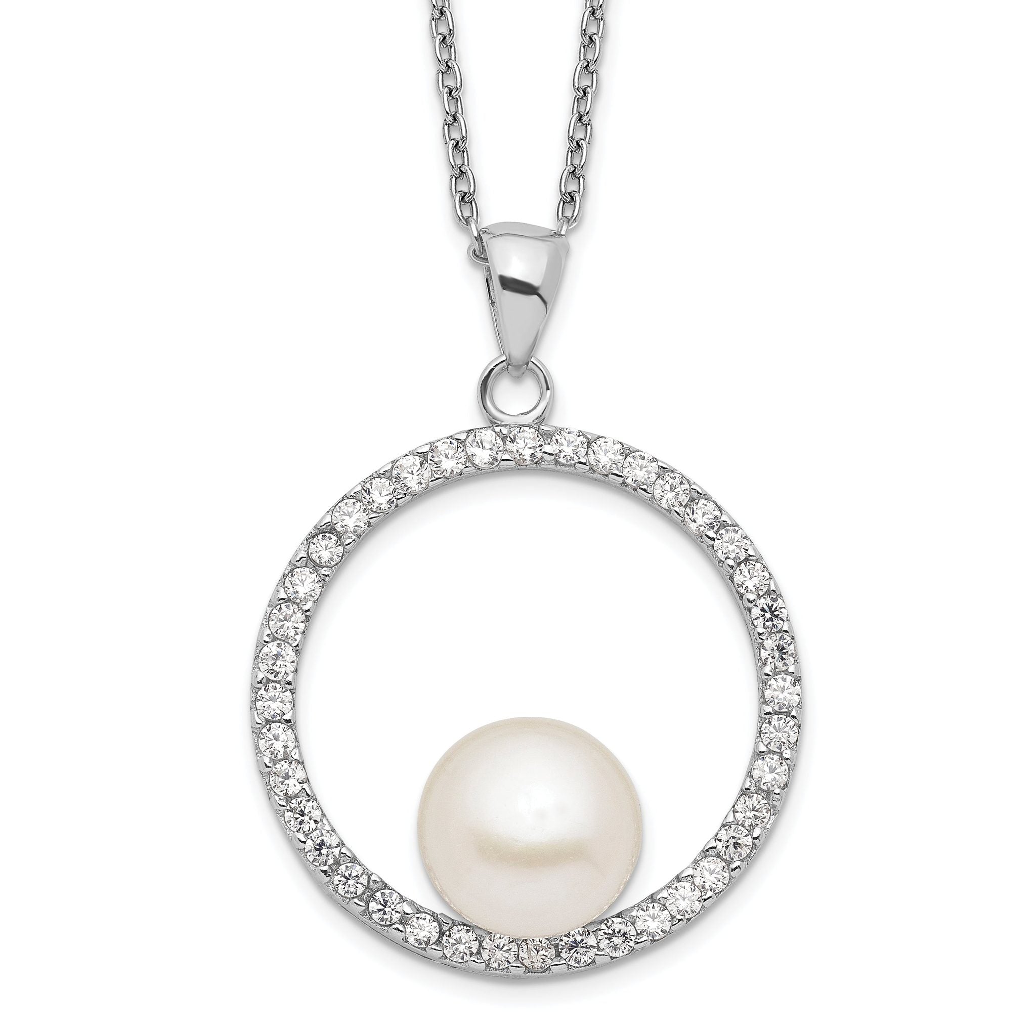 Sterling Silver Rhodium-plated 8-9mm White Button Freshwater Cultured Pearl and CZ 17 inch Necklace Main image