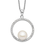 Sterling Silver Rhodium-plated 8-9mm White Button Freshwater Cultured Pearl and CZ 17 inch Necklace