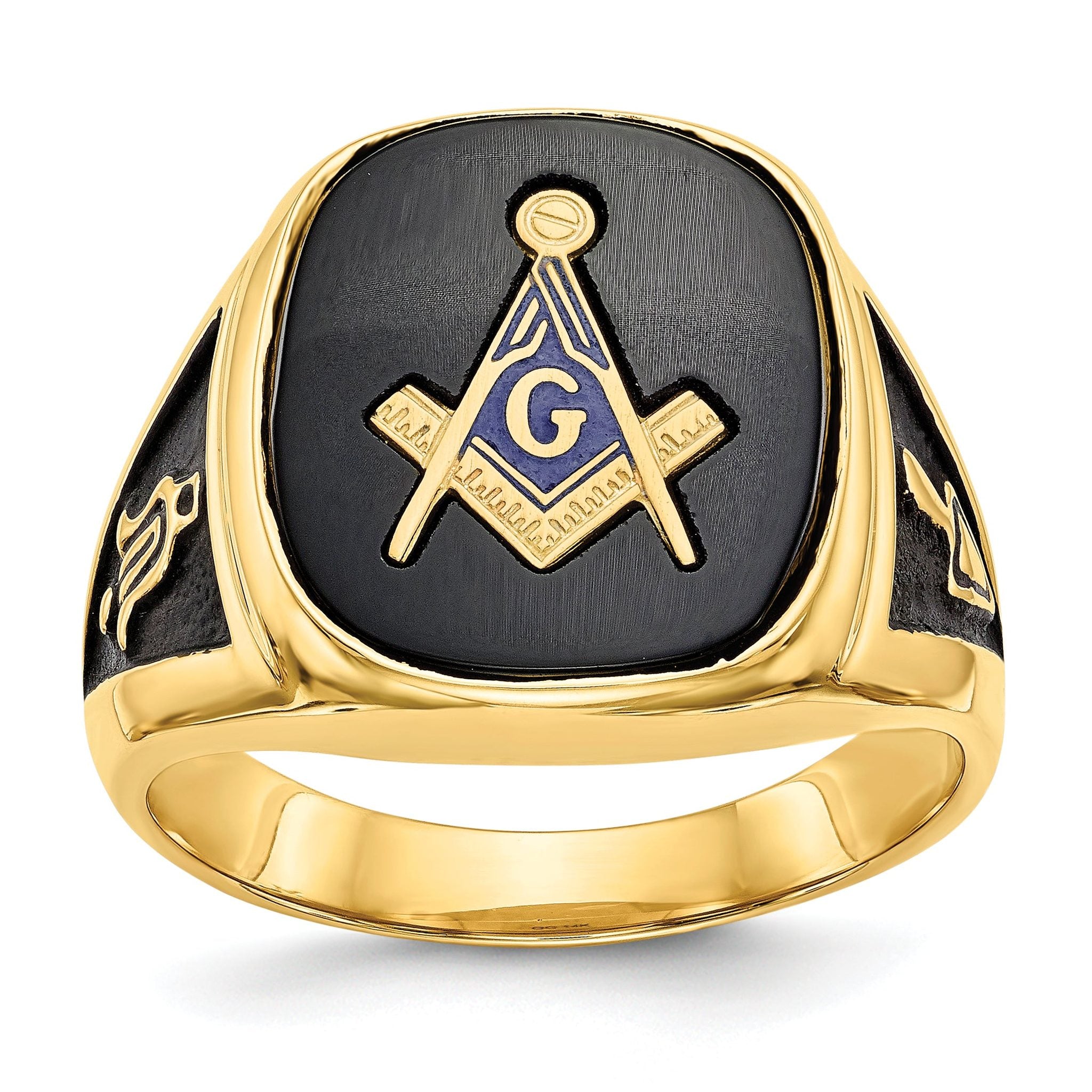 14k Men's Polished and Textured with Black Enamel and Onyx Masonic Ring Main image
