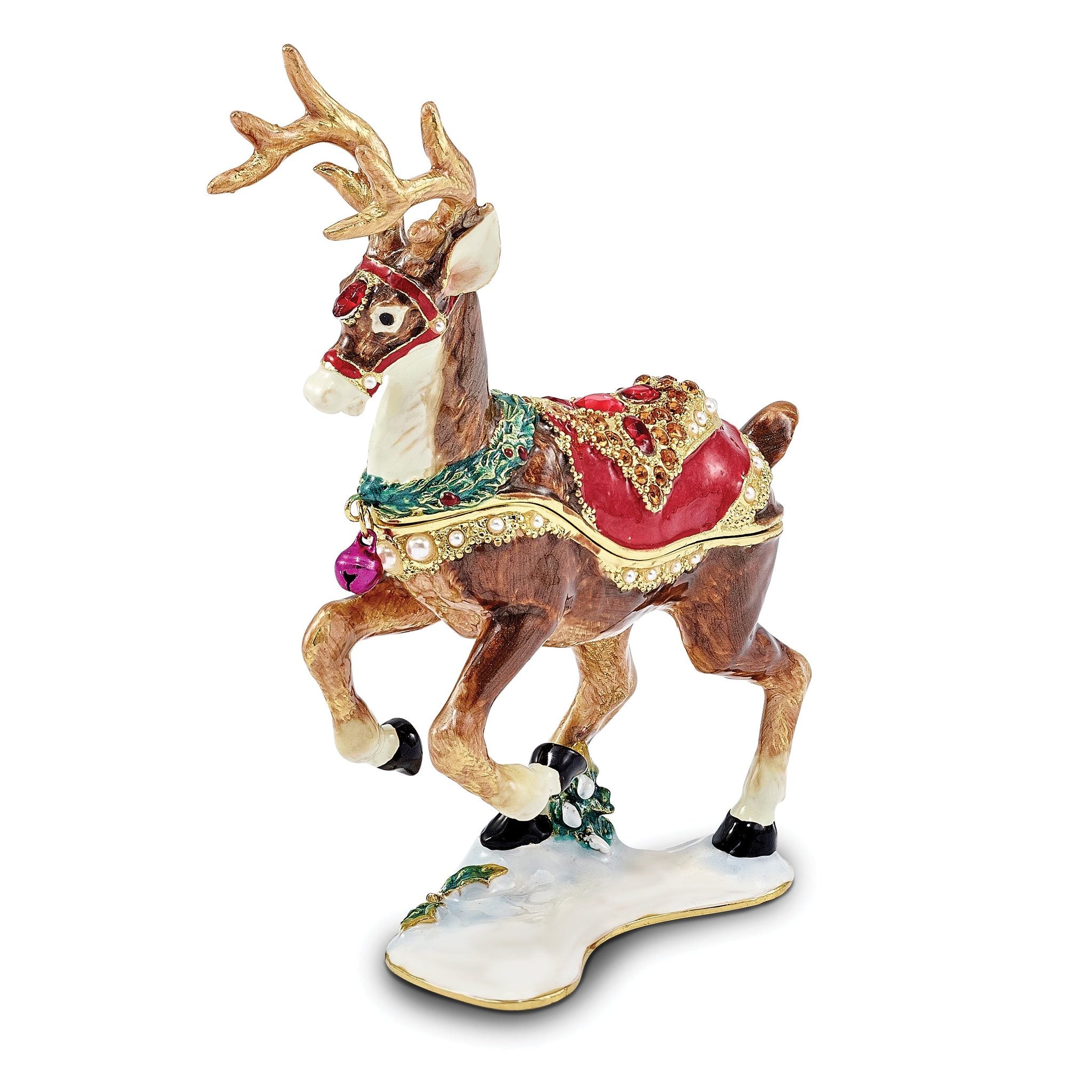 Luxury Giftware by Jere Pewter Bejeweled Crystals Gold-tone Enameled RUFUS Reindeer Trinket Box with Matching 18 Inch Necklace Main image