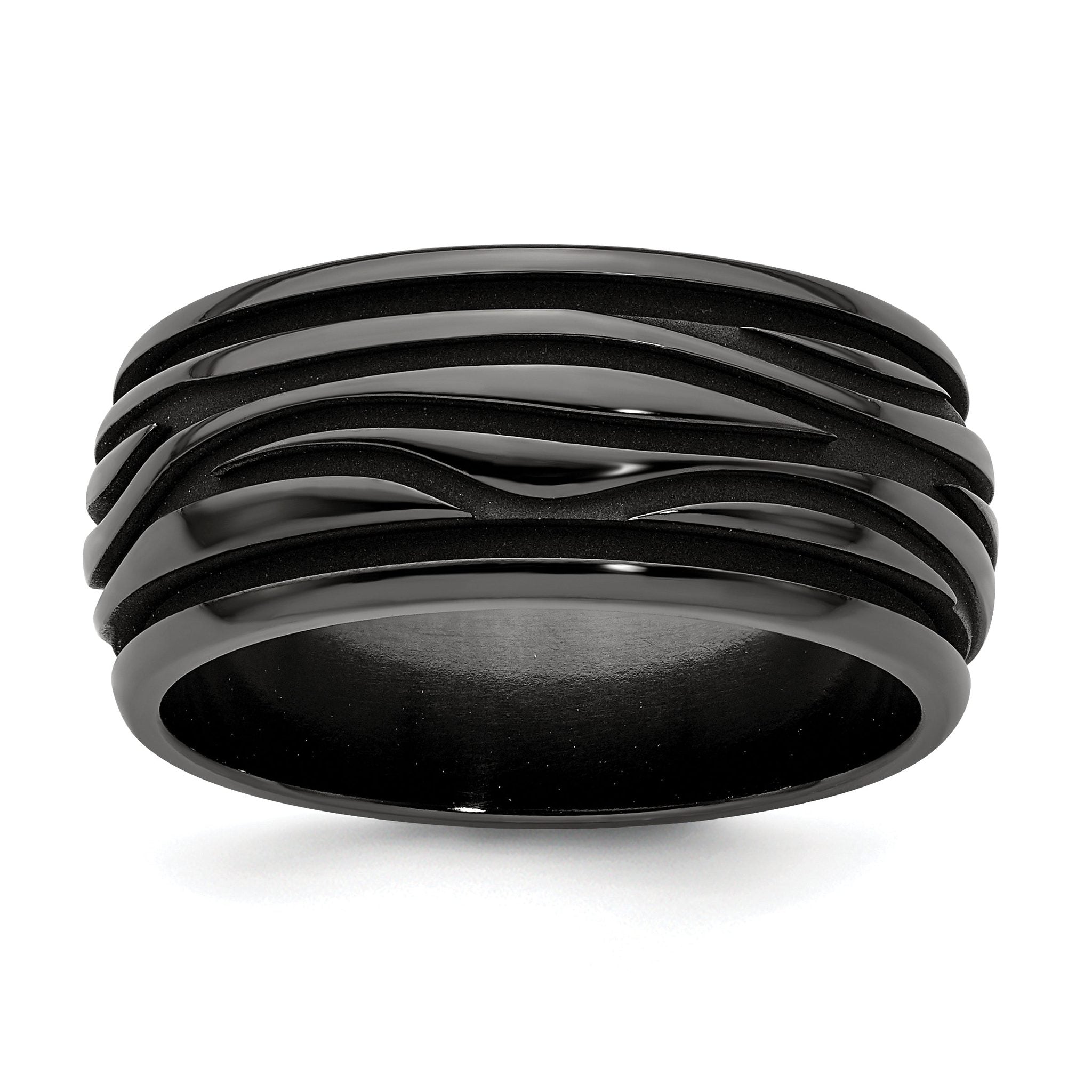 Grooved Waves Wedding Band in Black Titanium, 10mm
