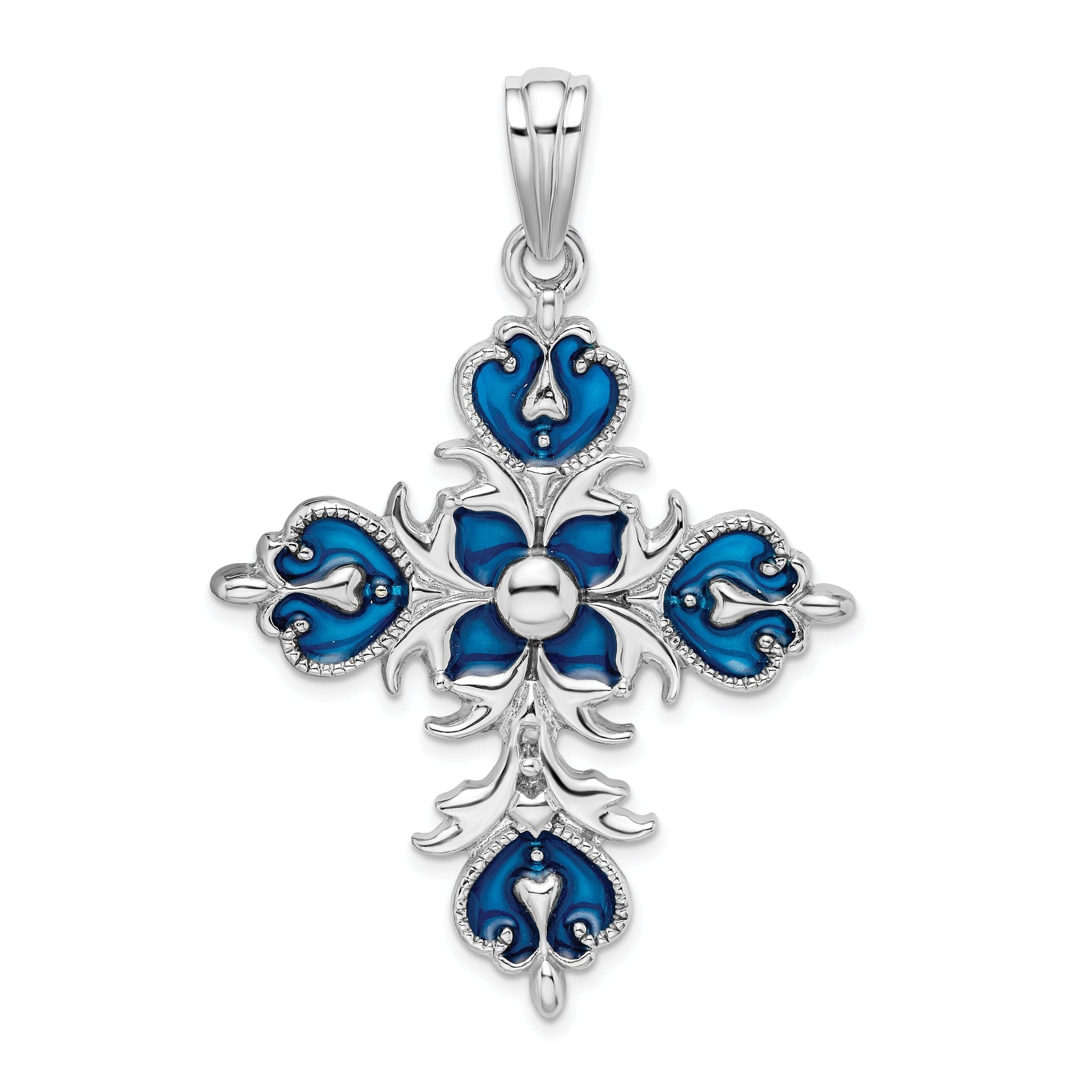 De-Ani Sterling Silver Rhodium-Plated Polished Enameled Fleur de Lis Cross Pendant Main image
