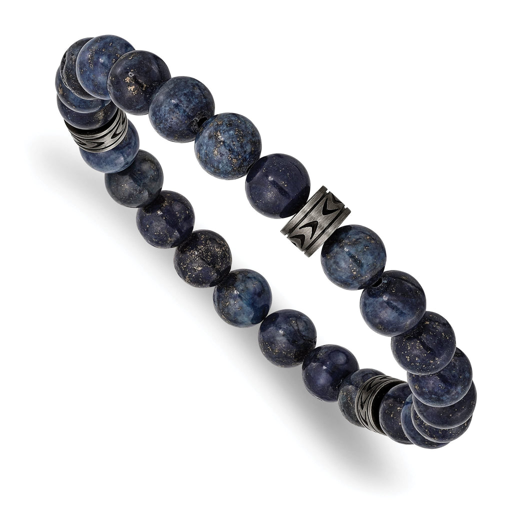 Stainless Steel Antiqued White Bronze-plated 6.5mm Lapis Beaded Stretch Bracelet