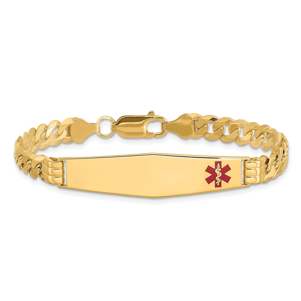 14K Medical Solid Chain/Solid Plate Soft Diamond Shape 38x9mm Off-Center Red Enamel Curb Link 7 inch ID Bracelet
