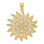 14K Gold Filigree Sun Pendant with Polished Finish Elegant and Detailed Design