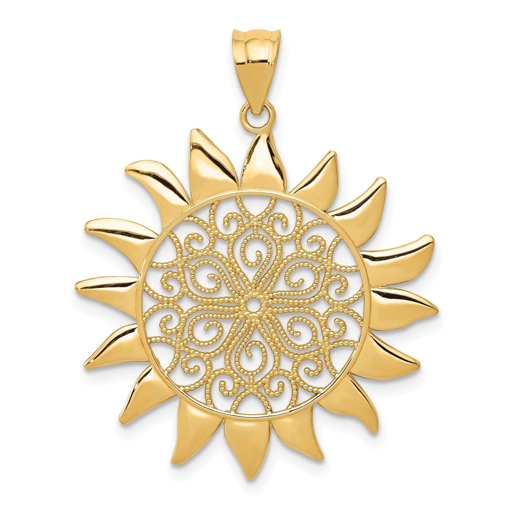 14K Gold Filigree Sun Pendant with Polished Finish Elegant and Detailed Design