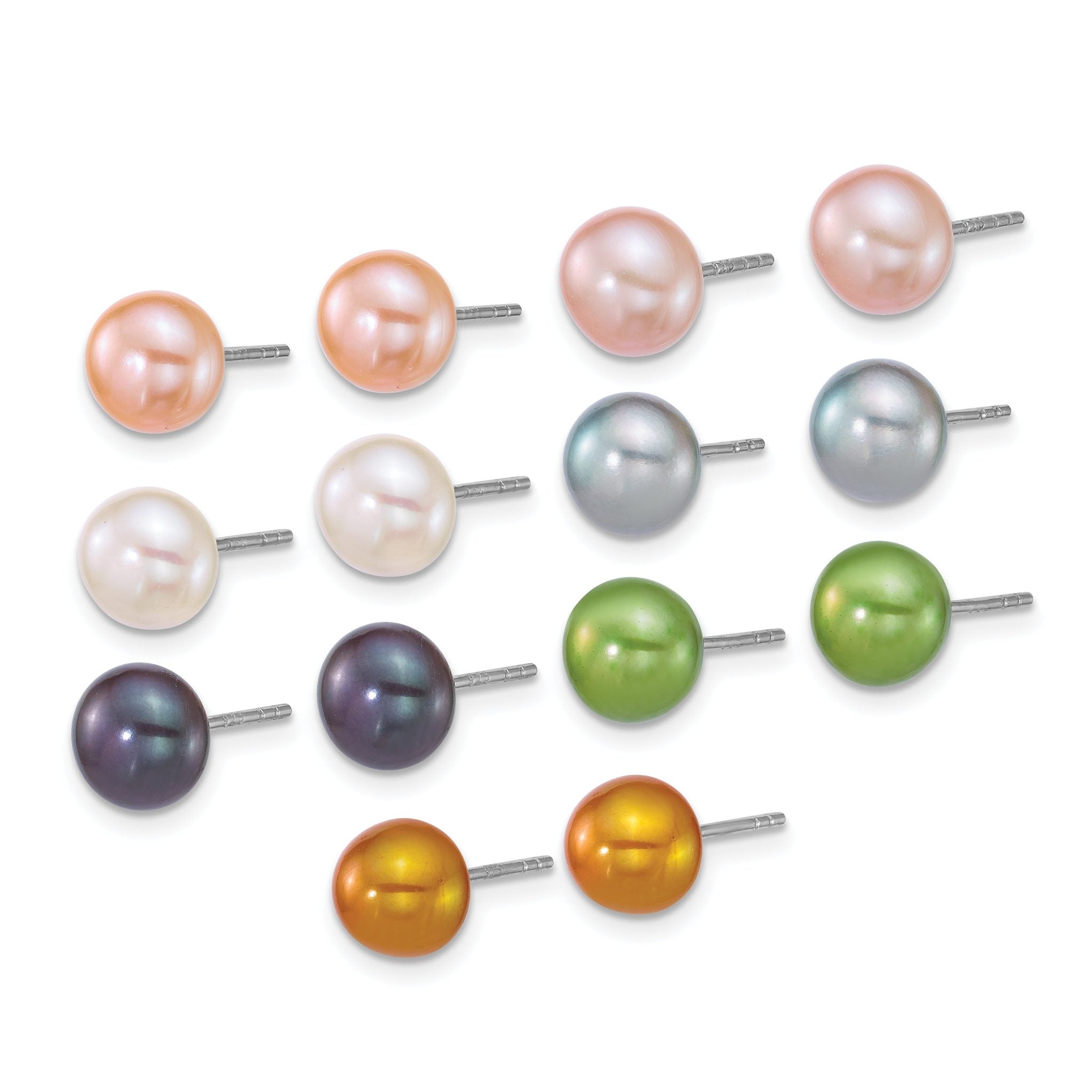 Sterling Silver Rhodium-plated 7-8mm Button White/Pink/Yellow/Peach/Grey/Green/Black Freshwater Cultured Pearl 7-Pair Boxed Post Earring Set Secondary image