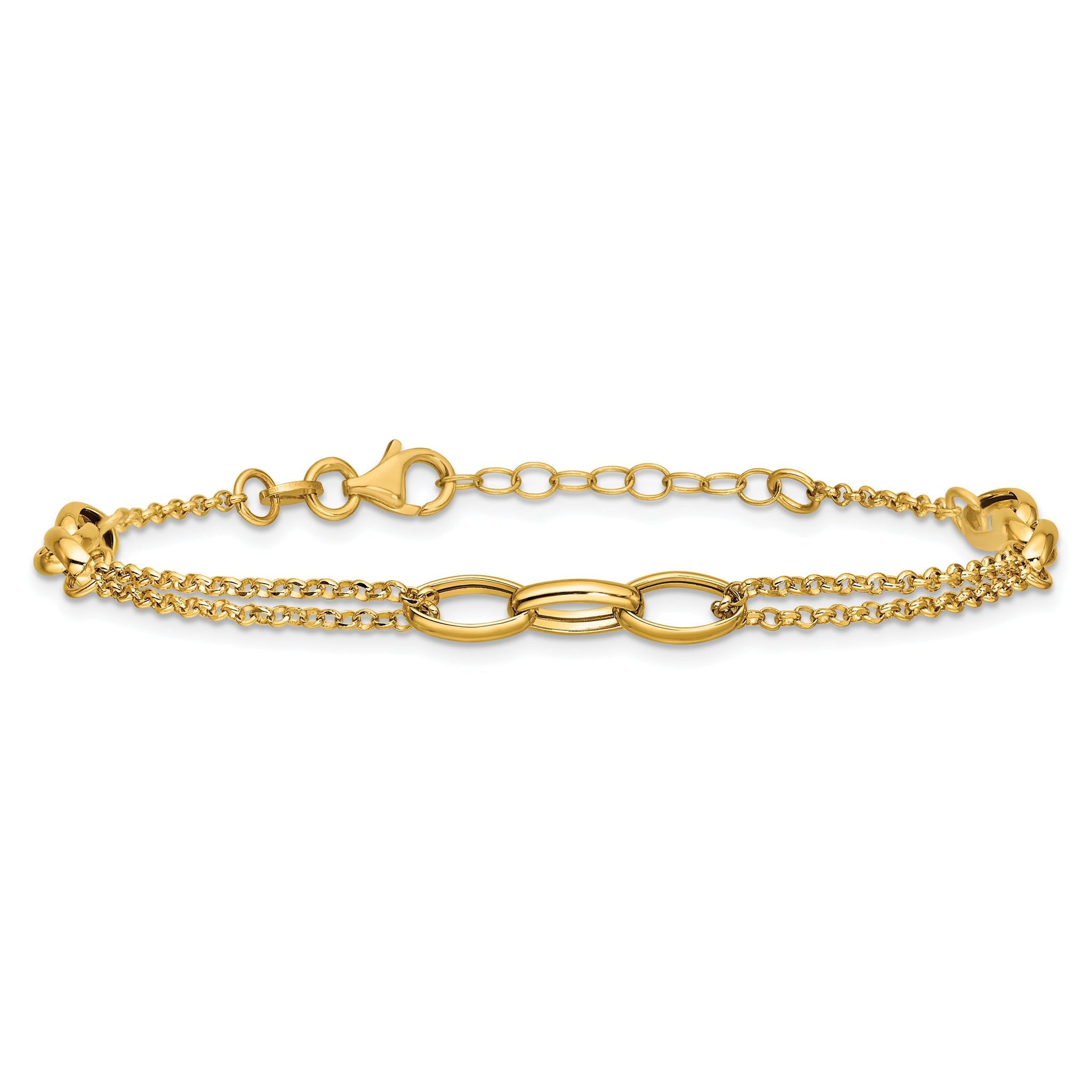14K Polished Fancy 2-Strand Oval Links w/1in ext. Bracelet