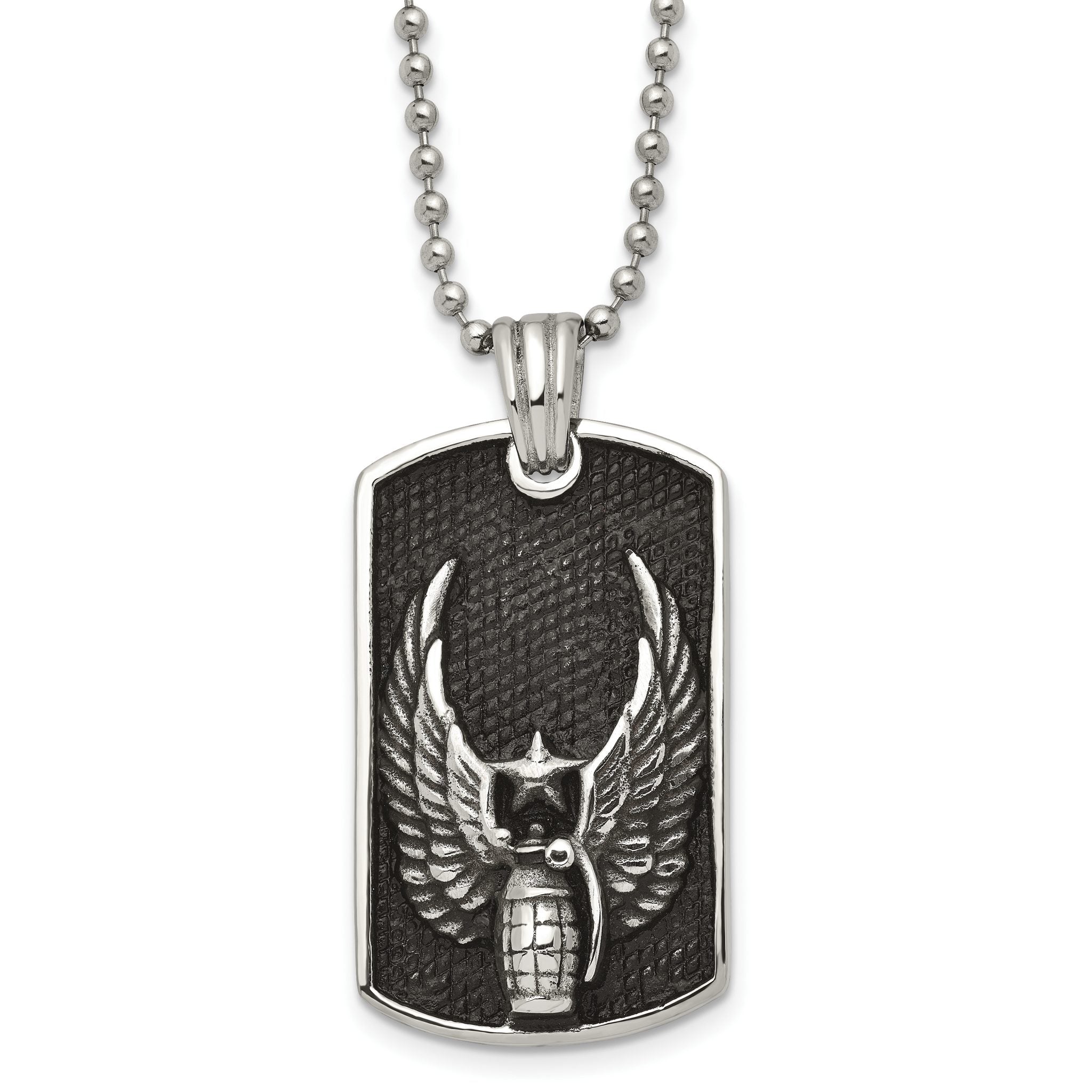 Chisel Stainless Steel Antiqued and Polished Black IP-plated Grenade with Wings Dog Tag on a 22 inch Ball Chain Necklace Main image