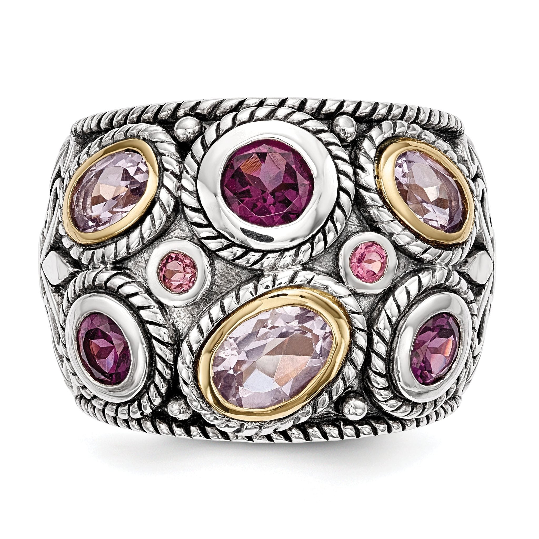 Sterling Silver Rhod. With 14k Pink Qrtz Rhodolite GA & Pink Tourmaline Ring