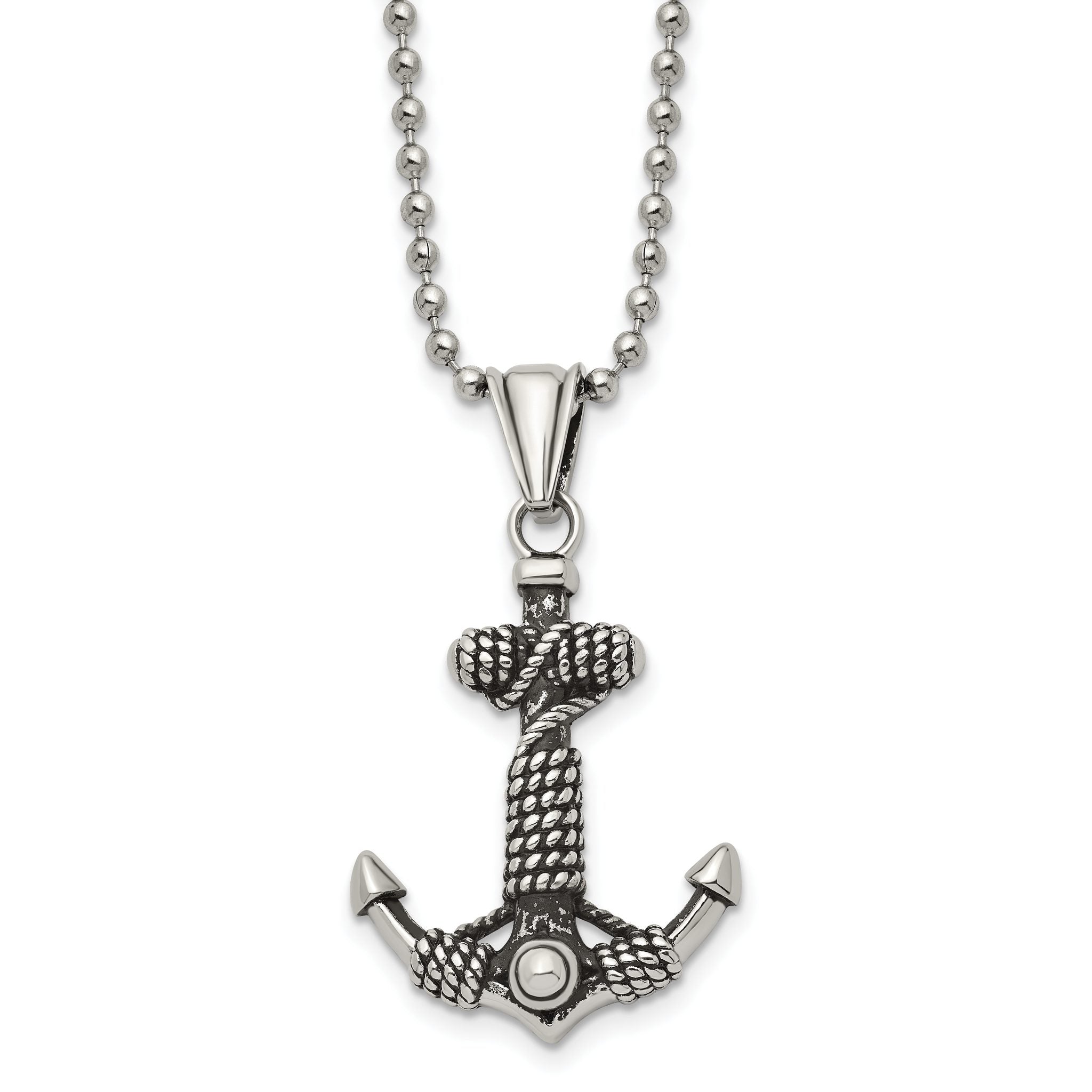 Chisel Stainless Steel Antiqued and Polished Anchor with Rope Pendant on a 24 inch Ball Chain Necklace Main image