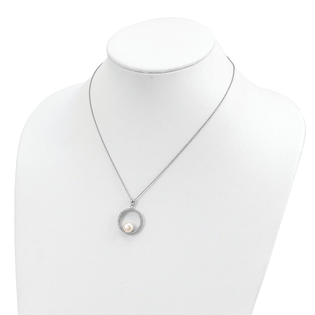 Sterling Silver Rhodium-plated 8-9mm White Button Freshwater Cultured Pearl and CZ 17 inch Necklace