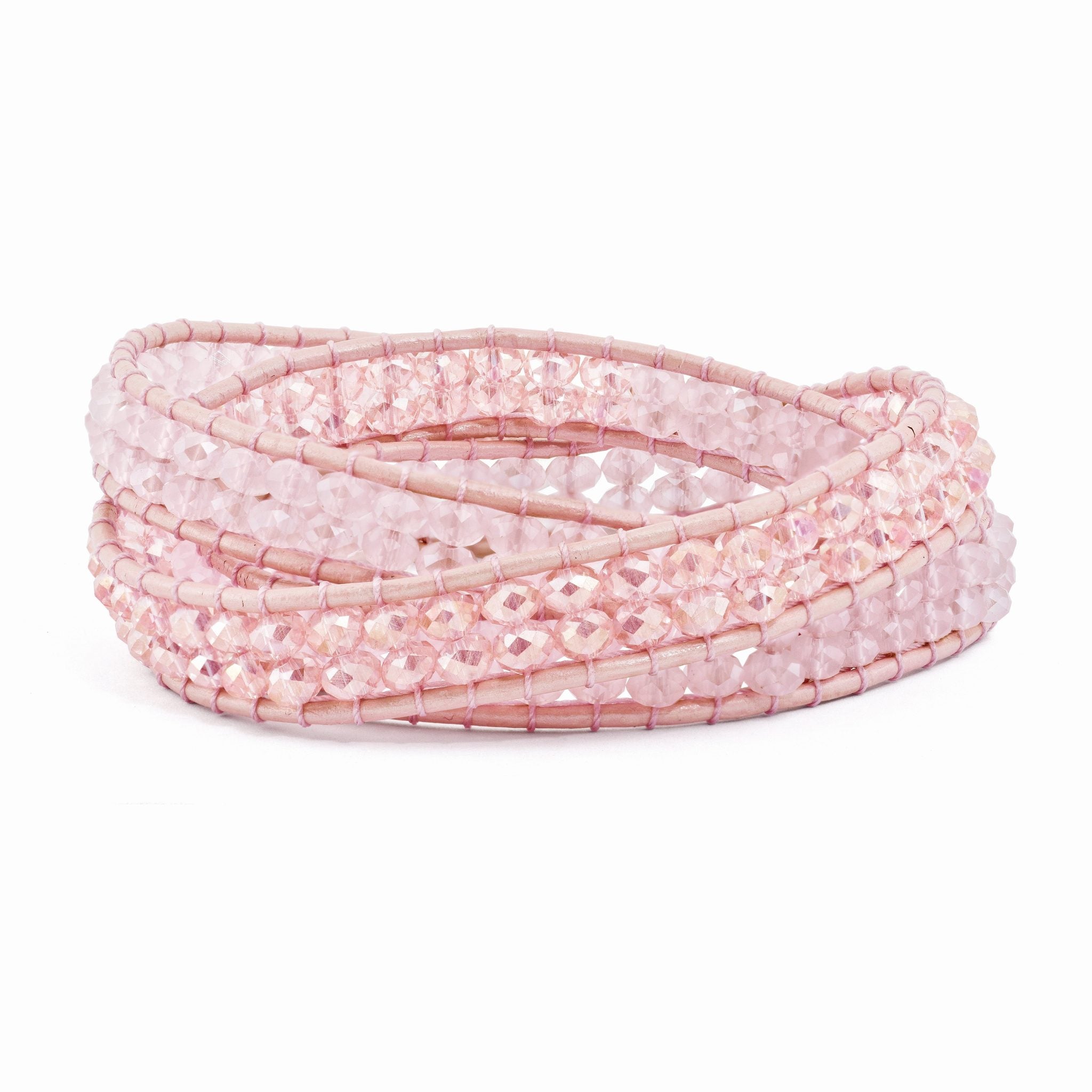 Pink Leather Rose Quartz Beaded Multi Wrap Brass Button Bracelet Main image