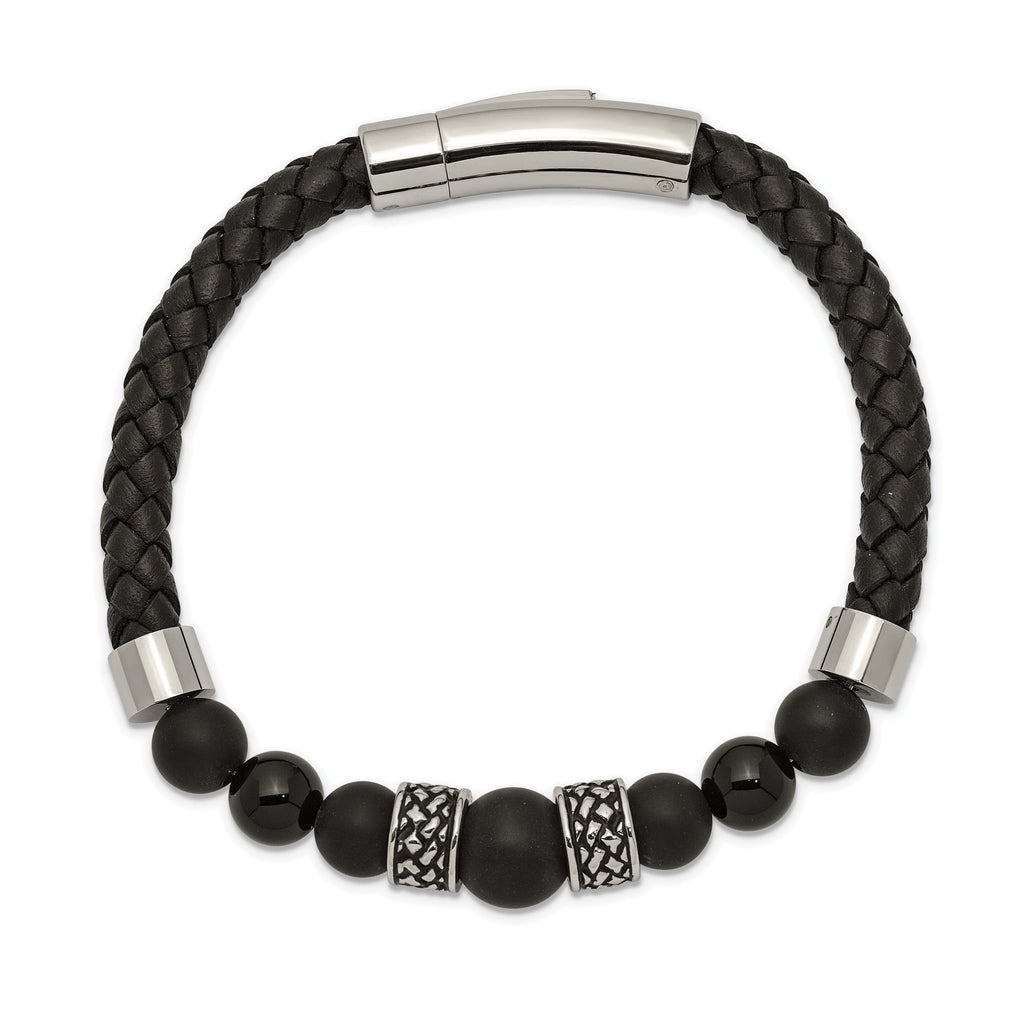Stainless Steel Antiqued and Polished Black Agate Beads Black Leather Bracelet for Men