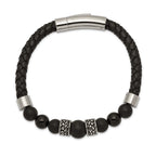 Stainless Steel Antiqued and Polished Black Agate Beads Black Leather Bracelet for Men