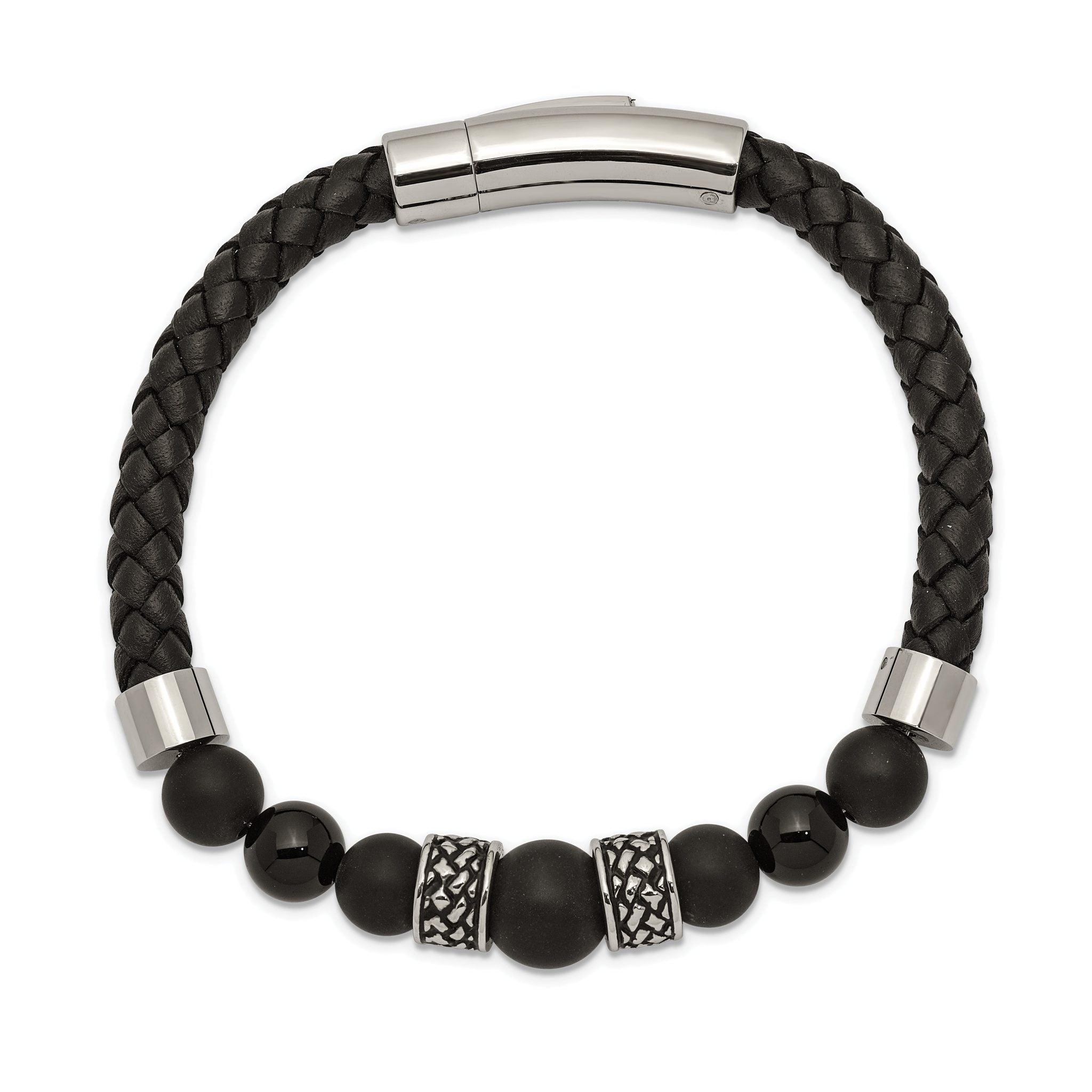 Stainless Steel Antiqued and Polished Black Agate Beads Black Leather Bracelet for Men