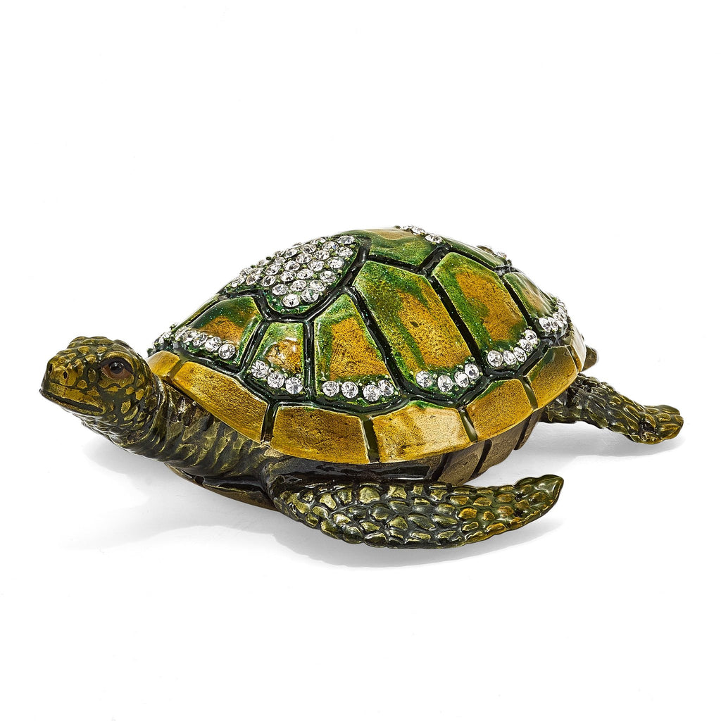 Luxury Giftware by Jere Pewter Bejeweled Crystals Gold-tone Enameled SWEETHEART Green Sea Turtle With Heart Trinket Box with Matching 18 Inch Necklace