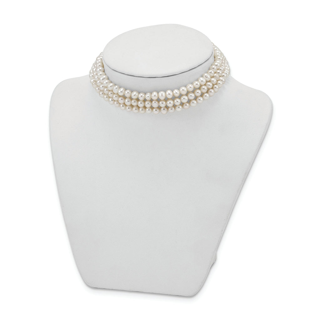 Sterling Silver Rhd-plt 5-6mm 3 rows FWC Pearl w/1.5in Choker