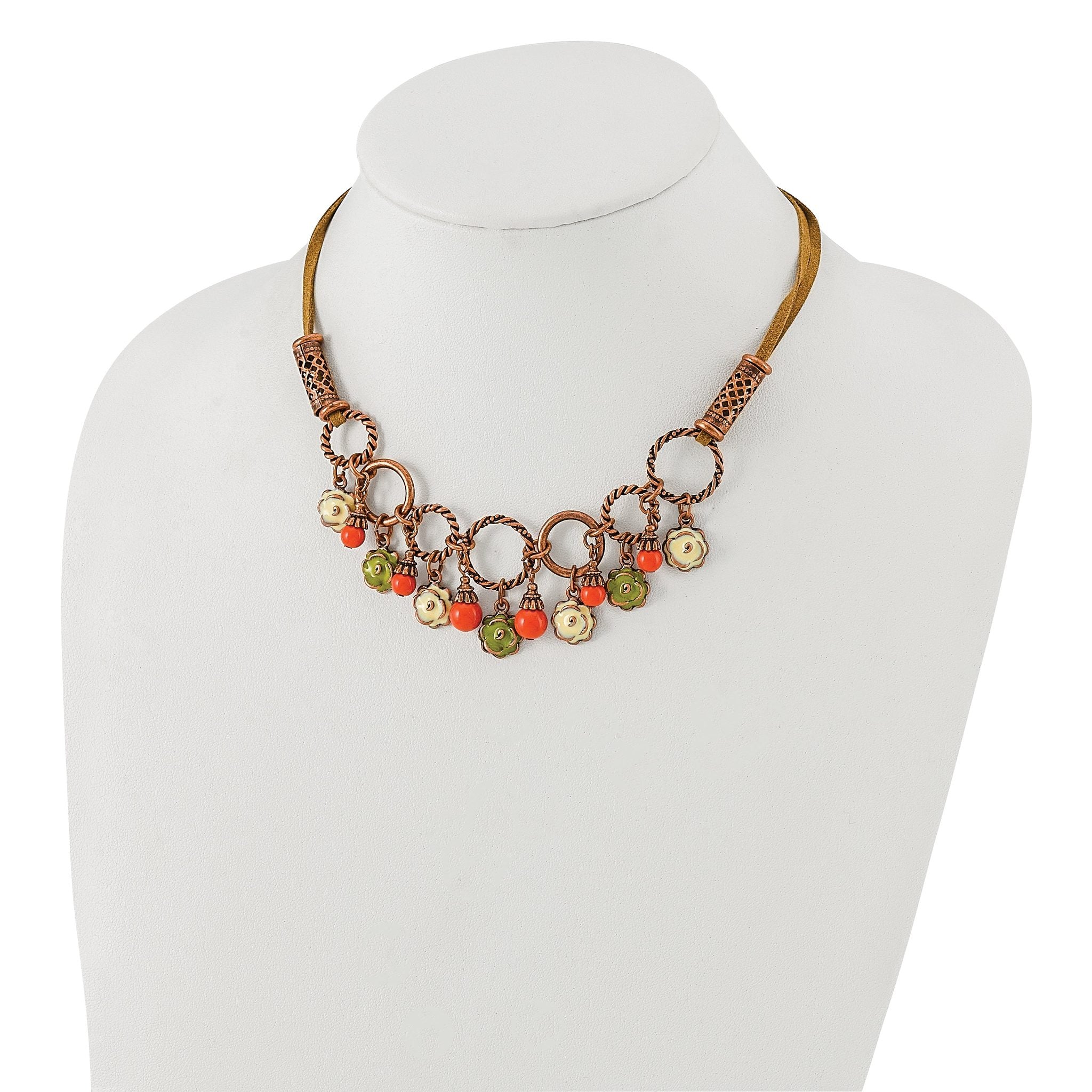 Floral Enamel & Bead Dangle Necklace in Copper-Tone Metal