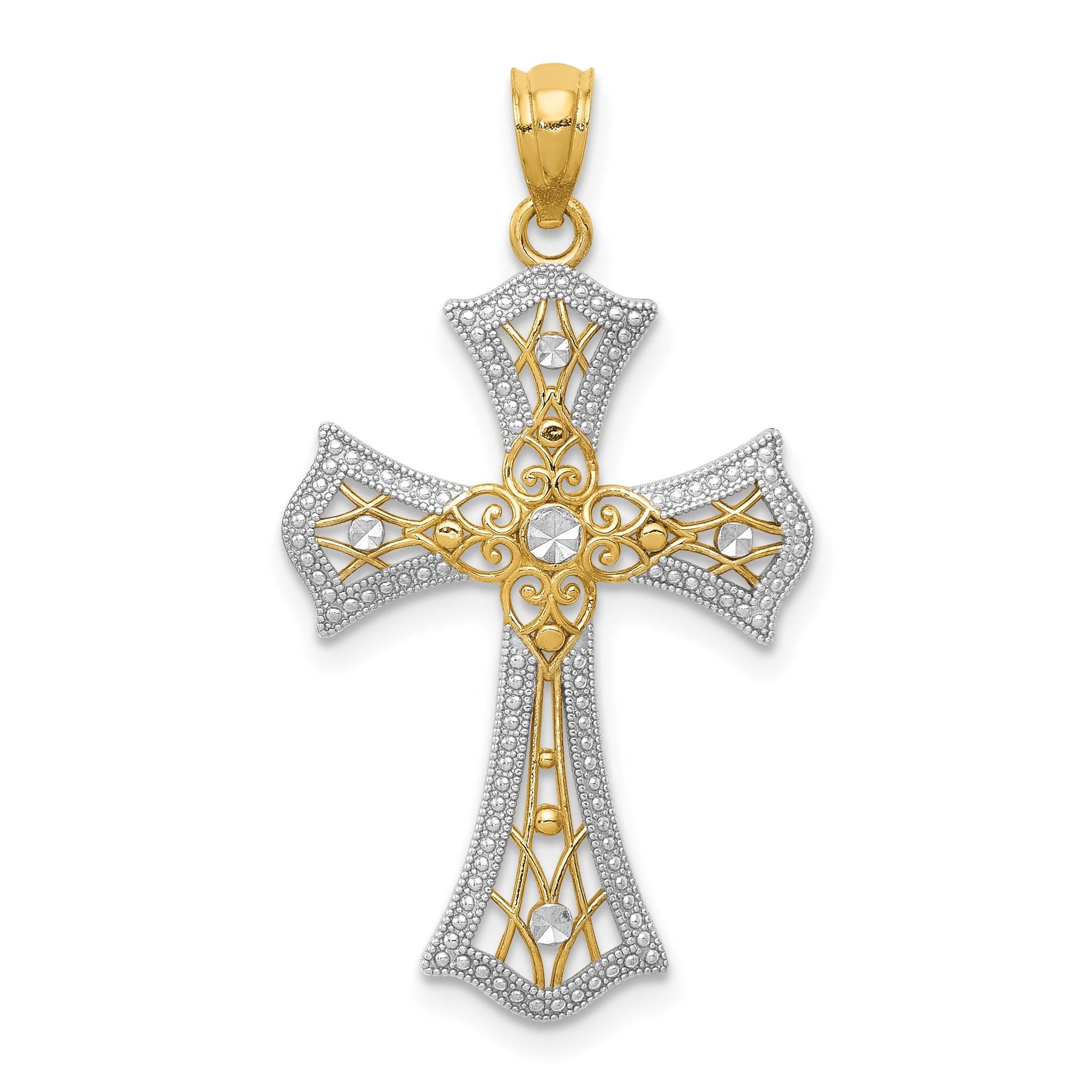 14K Gold and Rhodium Diamond-Cut Cross Pendant Elegant Concave Design Main image
