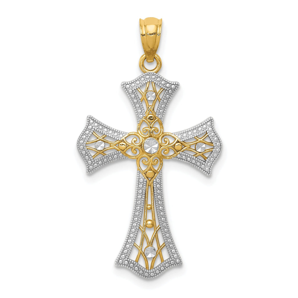 14K Gold and Rhodium Diamond-Cut Cross Pendant Elegant Concave Design