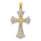 14K Gold and Rhodium Diamond-Cut Cross Pendant Elegant Concave Design