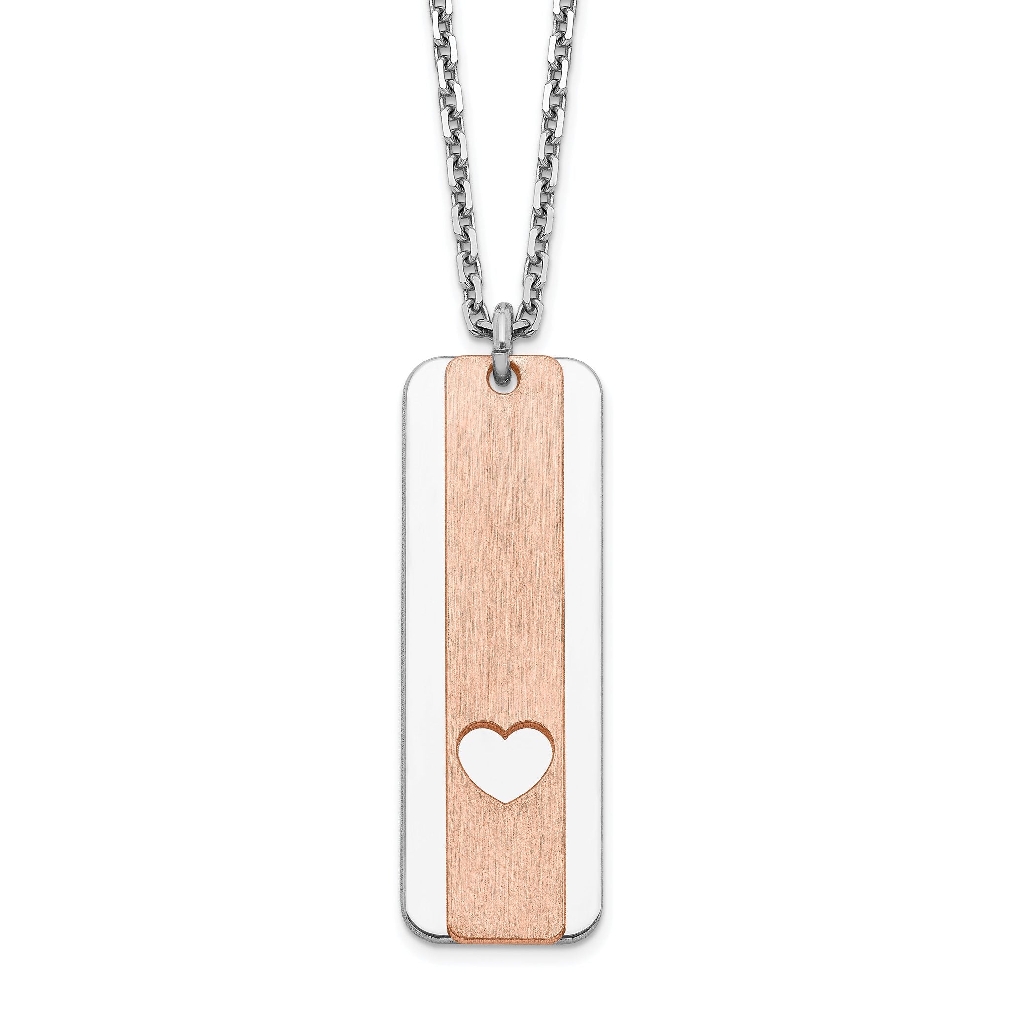 Sterling Silver RH-plated Dogtag With Rose-tone Heart With 1.25in ext Necklace