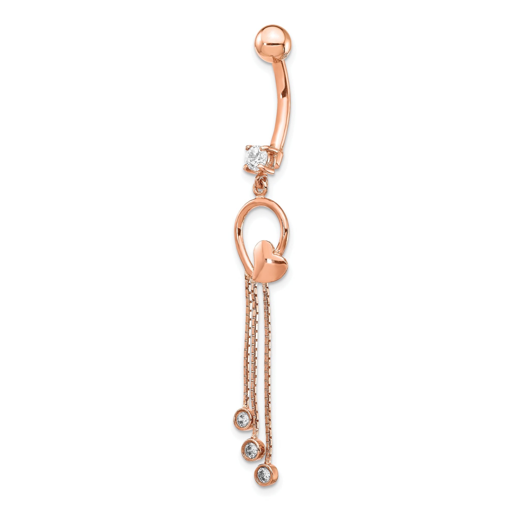 14k Rose Gold 14 Gauge CZ Heart 3-Chain Dangle Belly Ring Main image