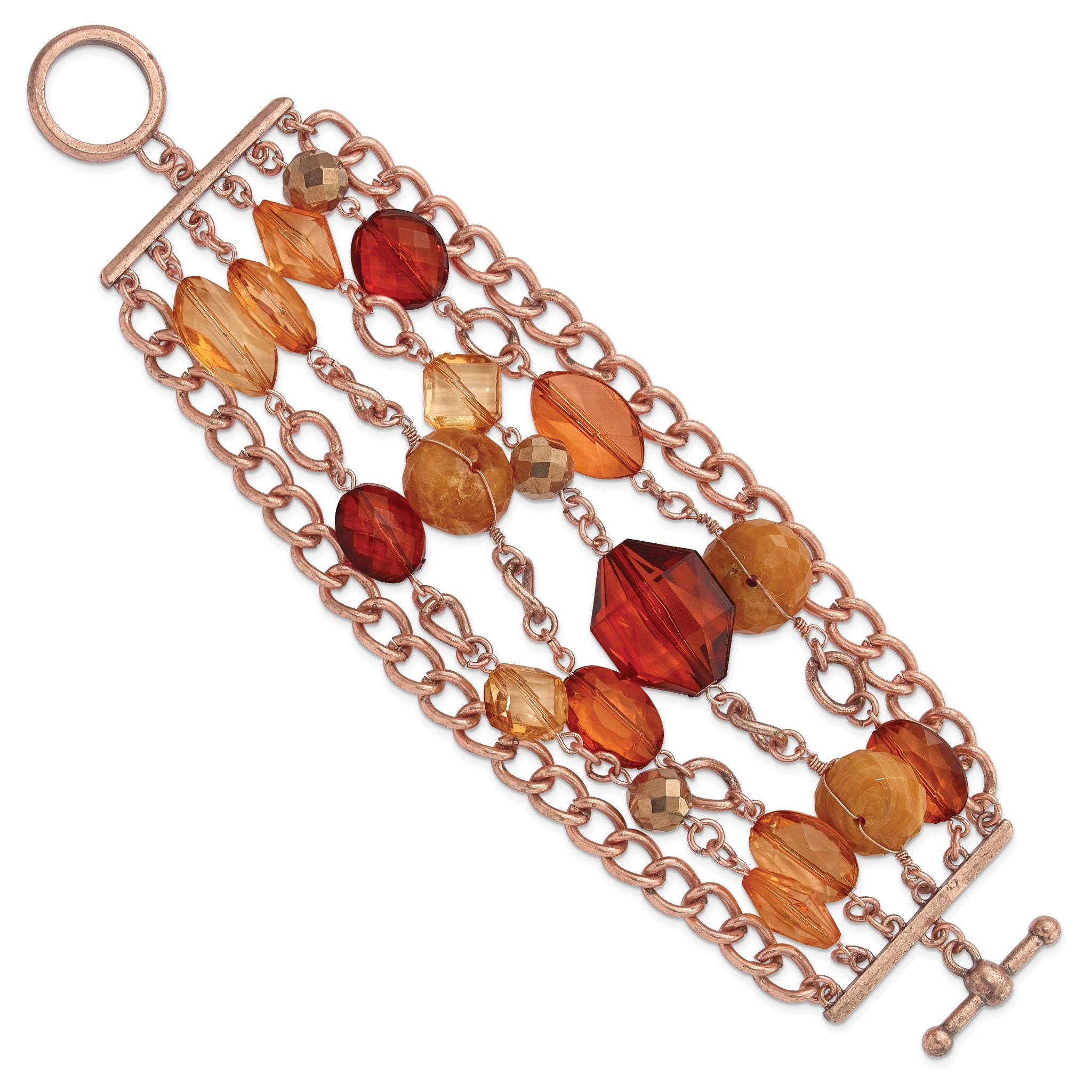 1928 Jewelry Copper-tone Link and Multicolored Brownand Orange Faceted Acrylic Beads Wide Six Row 8 inch Toggle Bracelet Secondary image
